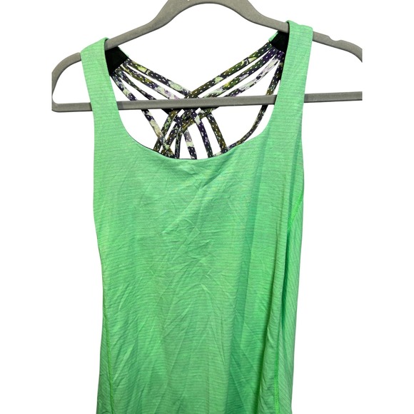 Lululemon Lime Green Striped Strappy Back Tank Top with Built-in Bra Size 8 - Picture 9 of 12